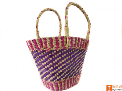 Natural Straw Medium Sized Tote Handbag with multicolored patterns(#590)-gallery-1