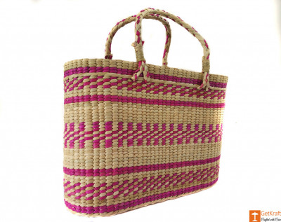 Large Natural Straw Handbag with colored patterns(#592)-gallery-1