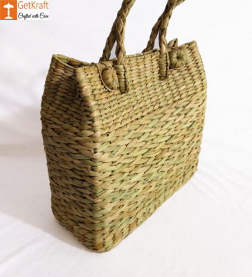 Natural Straw Grass Handmade Picnic Bag with Long Handle(#976)-gallery-1